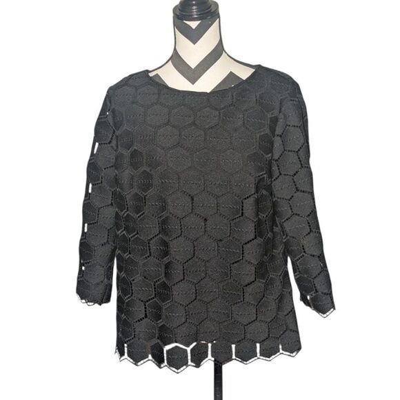 RSVP by Talbots L Black Geometric Honeycomb Lace Blouse - Picture 1 of 5